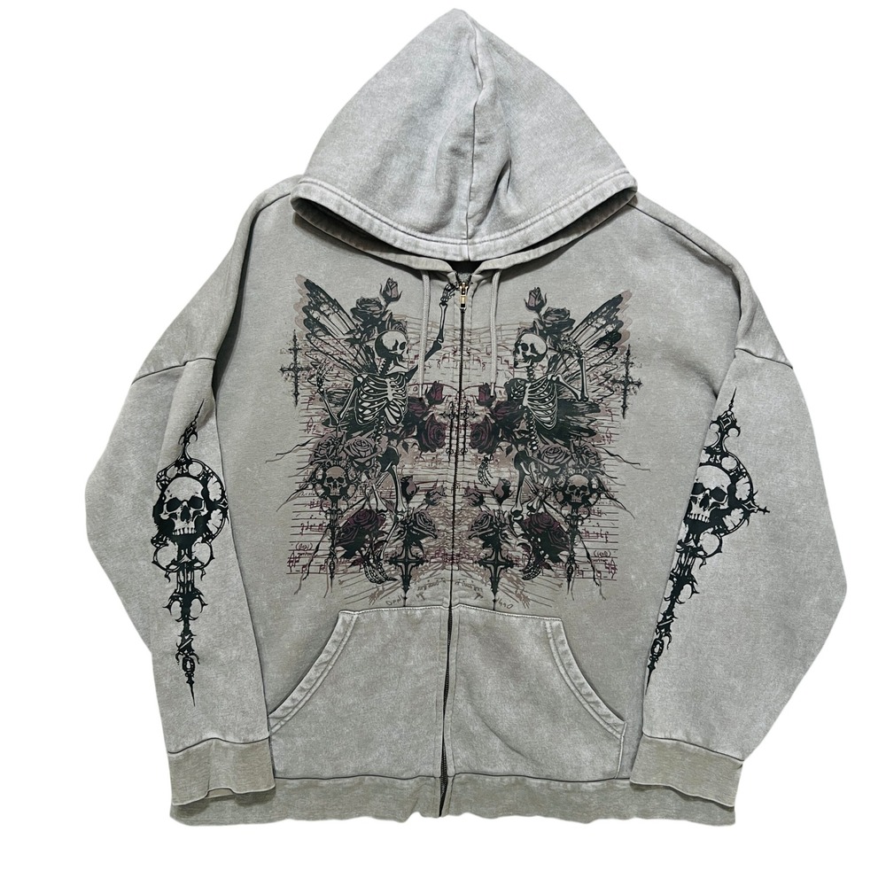 Social Collision Y2K Skeleton Wing Rose Zip Hoodie sz 2XL Emo Goth Fairy Grunge